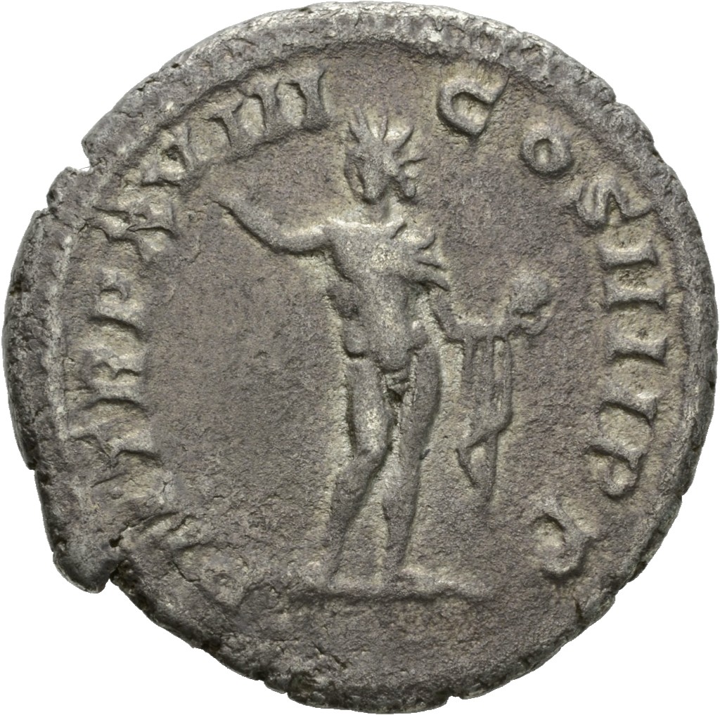 RIC IV Caracalla 264C Caracalla reverse, Sol, radiate, naked except for cloak over left shoulder, standing front, head lef...