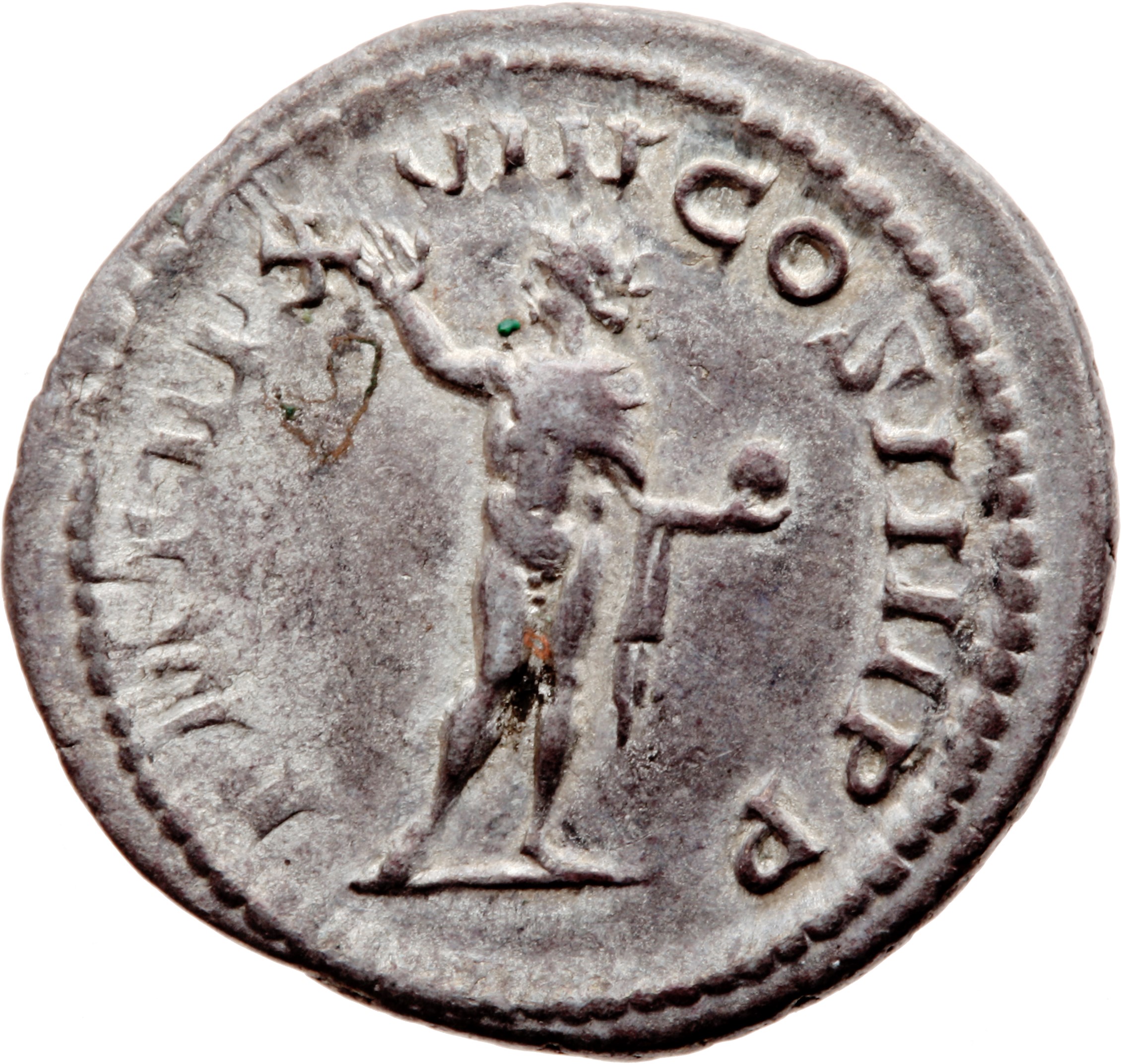 RIC IV Caracalla 264C Caracalla reverse — Sol, radiate, naked except for cloak over left shoulder, standing front, head le...
