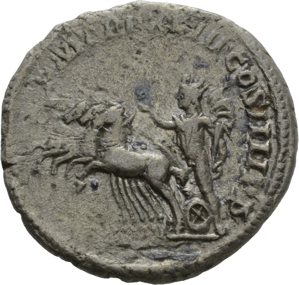 RIC IV Caracalla 265C Caracalla reverse, Sol, radiate, naked except for cloak, standing left, mounting quadriga