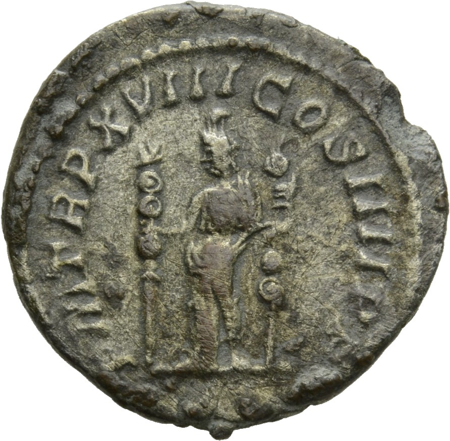RIC IV Caracalla 266 Caracalla reverse, Fides Militum, draped, standing left, holding a standard in each hand