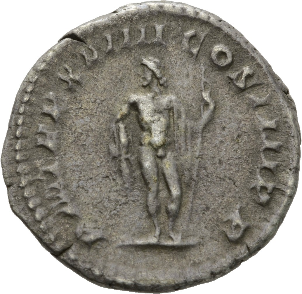 RIC IV Caracalla 275B Caracalla reverse, Jupiter, naked, standing front, head left, holding thunderbolt in right hand and ...