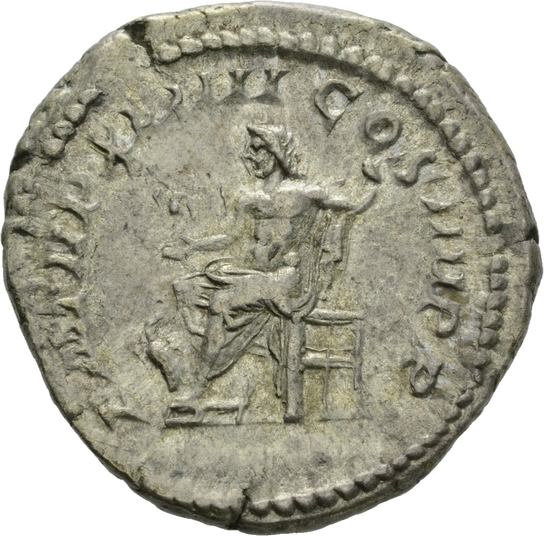 RIC IV Caracalla 277B Caracalla reverse, Jupiter, naked to waist, seated left, holding Victory in extended right hand and ...