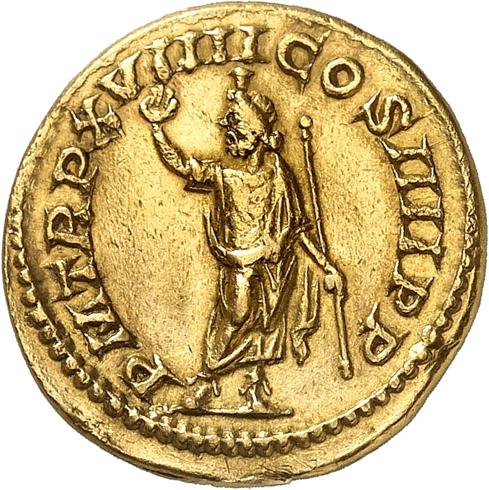 RIC IV Caracalla 280A Caracalla reverse, Serapis, wearing polos on head, standing front, head left, raising right hand and...