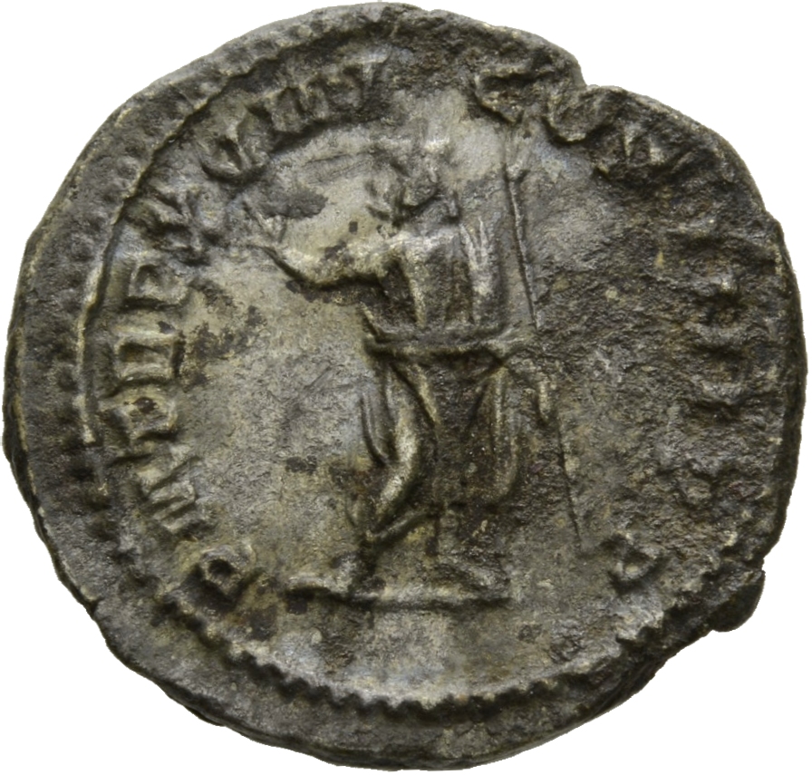 RIC IV Caracalla 280C Caracalla reverse, Serapis, wearing polos on head, standing front, head left, raising right hand and...