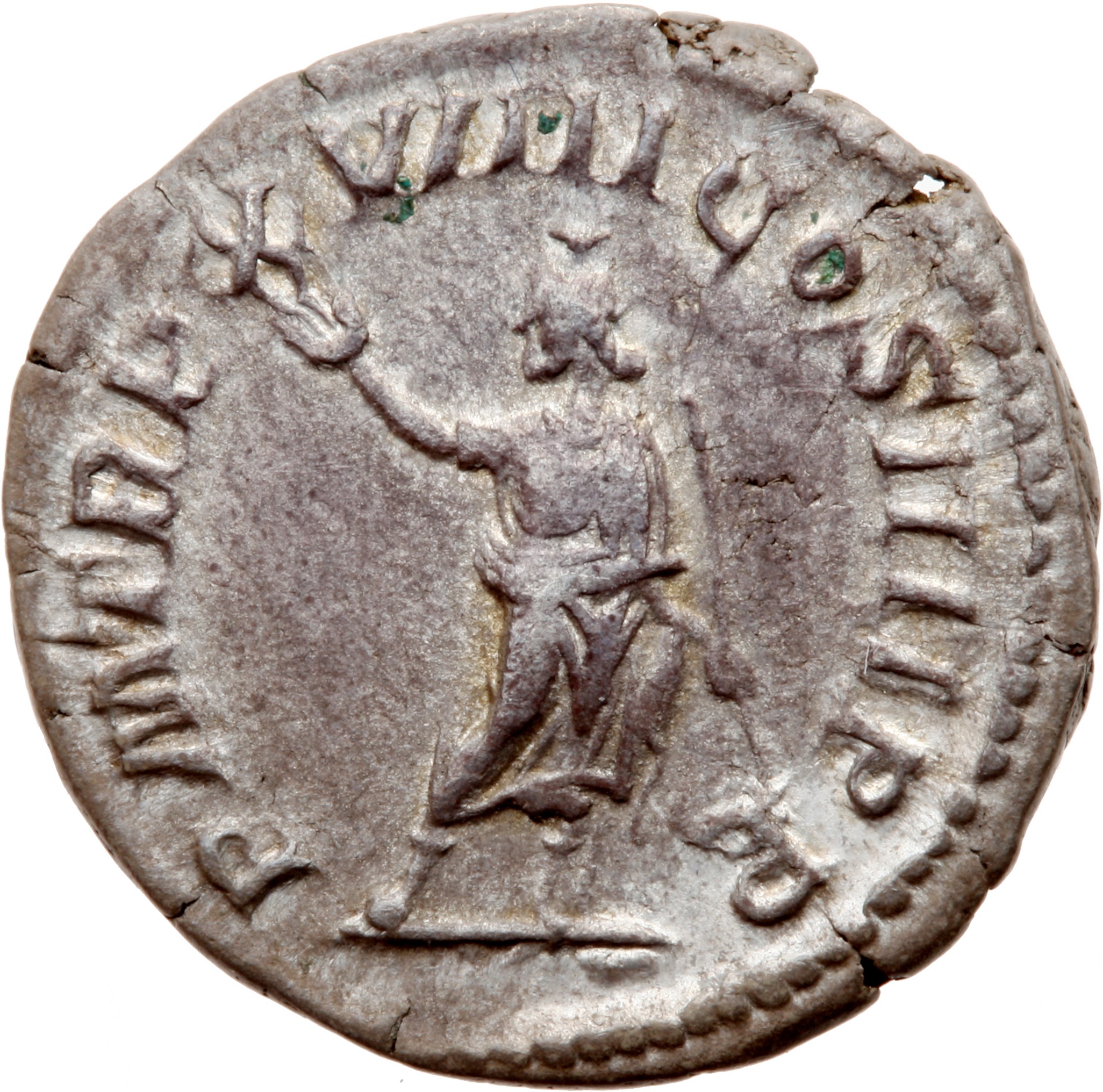 RIC IV Caracalla 280D Caracalla reverse, Serapis, wearing polos on head, standing front, head left, raising right hand and...