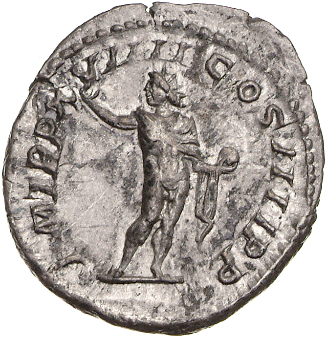 RIC IV Caracalla 281A Caracalla reverse, Sol, radiate, naked except for cloak over left shoulder, standing front, head lef...