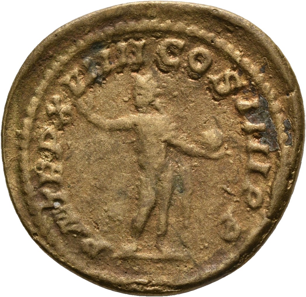 RIC IV Caracalla 281A Caracalla reverse — Sol, radiate, naked except for cloak over left shoulder, standing front, head le...
