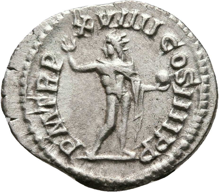 RIC IV Caracalla 281B Caracalla reverse, Sol, radiate, naked except for cloak over left shoulder, standing front, head lef...