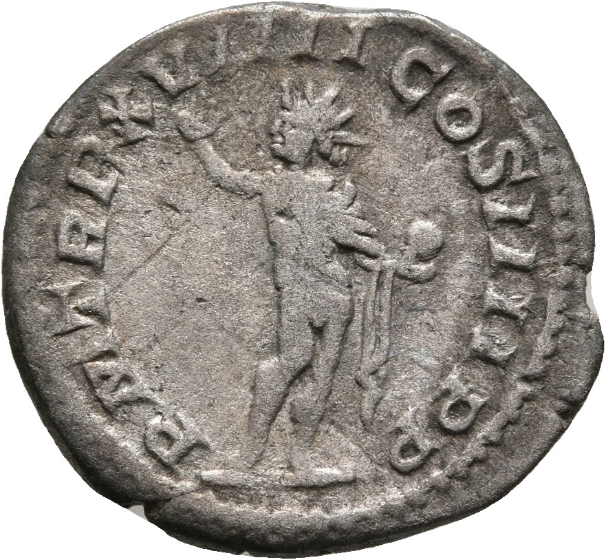 RIC IV Caracalla 281B Caracalla reverse, Sol, radiate, naked except for cloak over left shoulder, standing front, head lef...