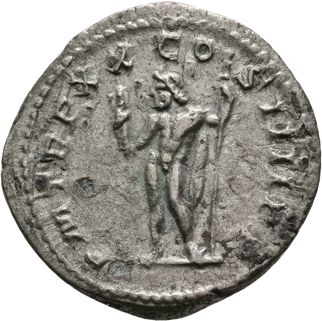 RIC IV Caracalla 285C Caracalla reverse, Jupiter, naked, standing left, holding thunderbolt in right hand and sceptre in l...