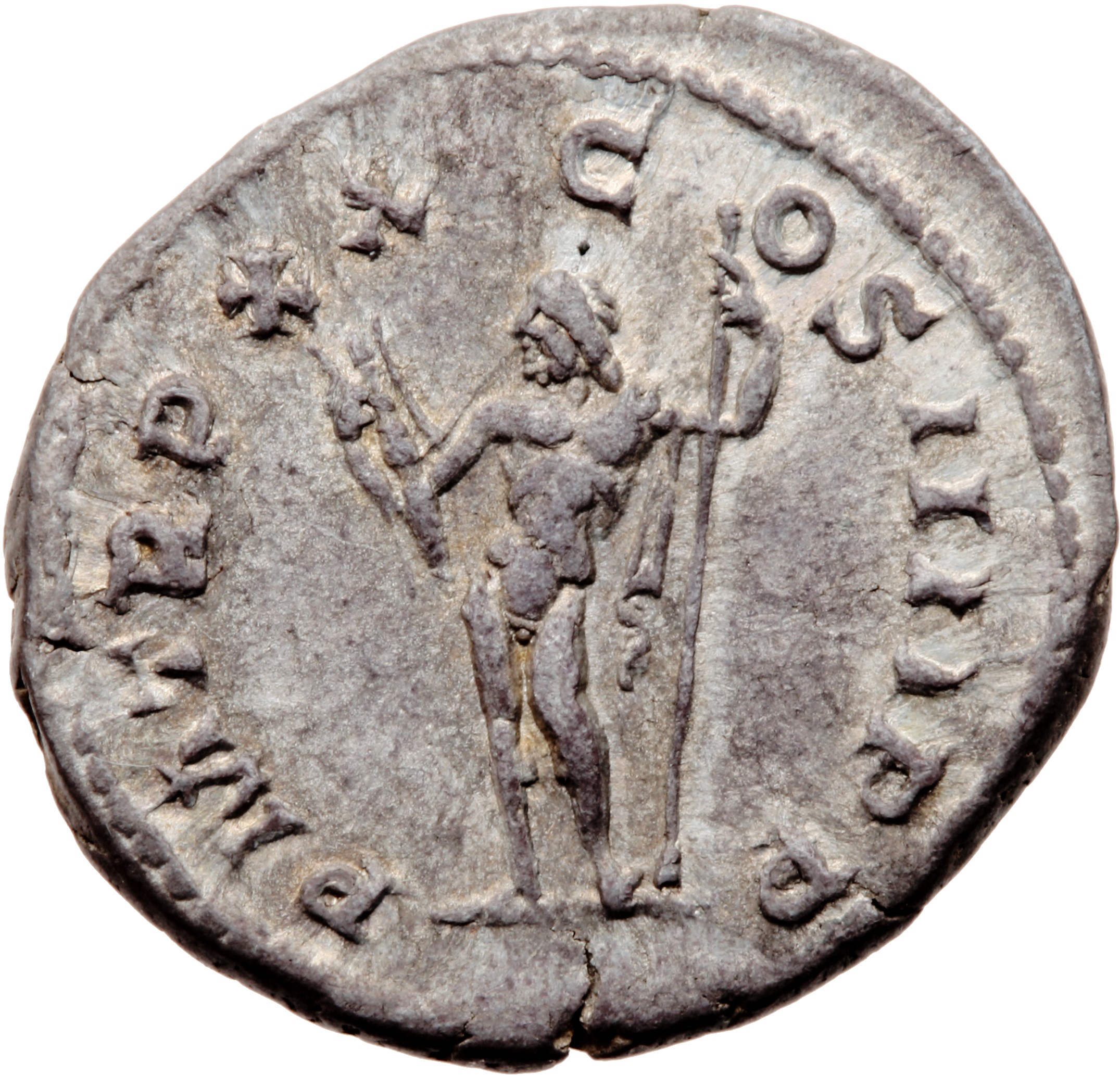 RIC IV Caracalla 285D Caracalla reverse, Jupiter, naked, standing left, holding thunderbolt in right hand and sceptre in l...