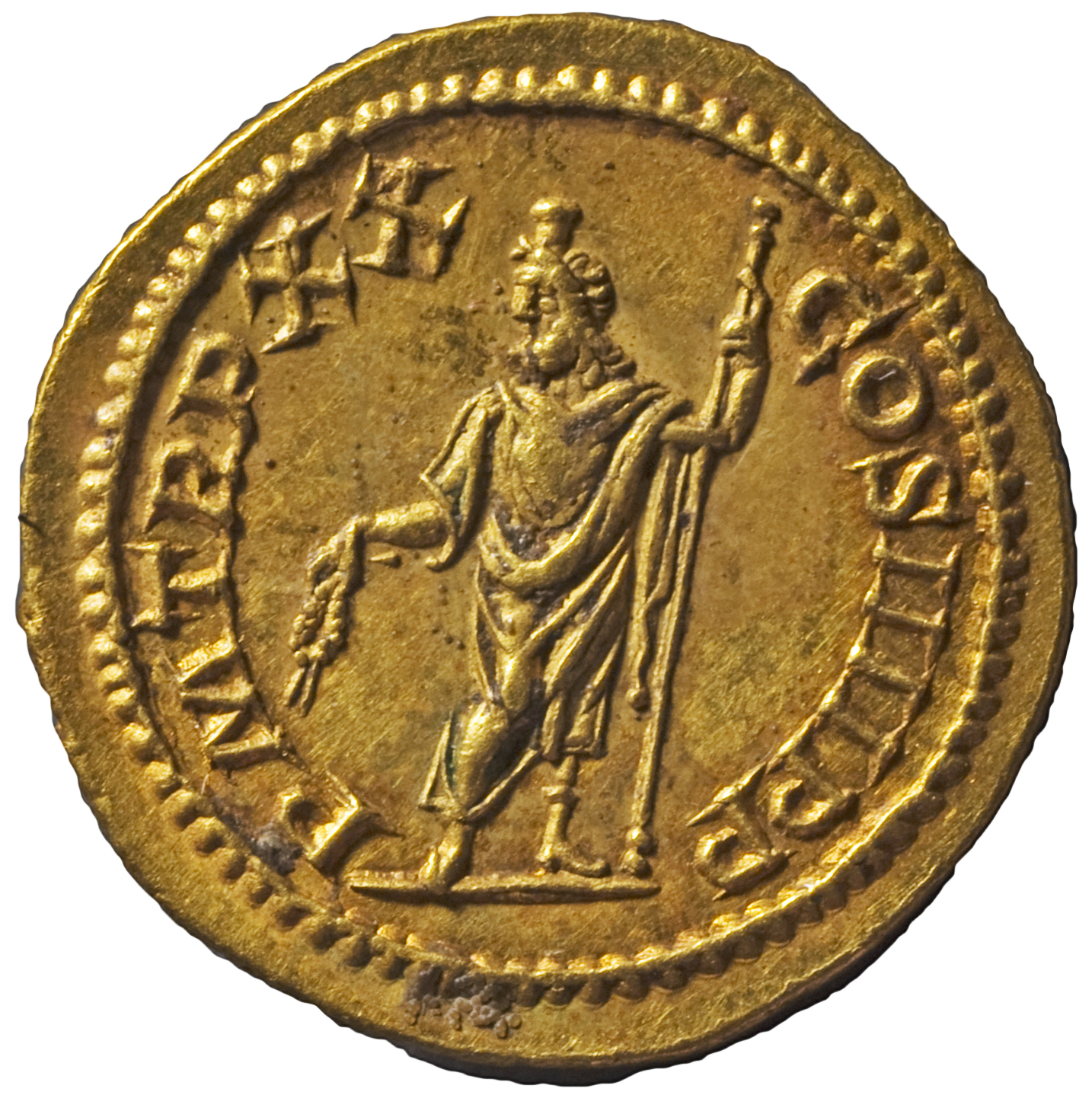 RIC IV Caracalla 289B Caracalla reverse, Serapis, wearing polos on head, standing left, holding corn-ears in wreath (?) in...