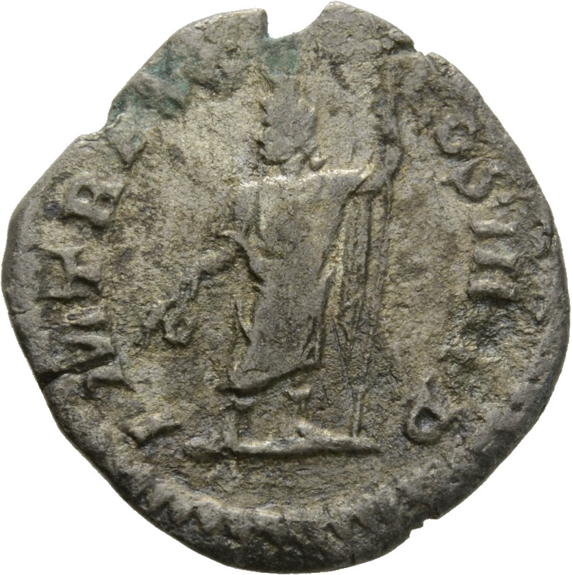 RIC IV Caracalla 289C Caracalla reverse, Serapis, wearing polos on head, standing left, holding corn-ears in wreath (?) in...