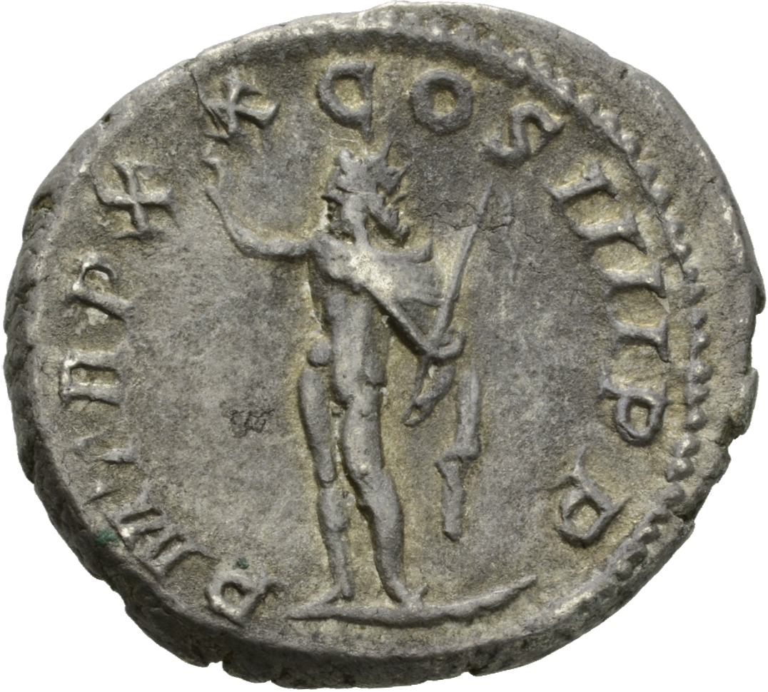 RIC IV Caracalla 293F Caracalla reverse, Sol, radiate, naked except for cloak over left shoulder, standing front, head lef...