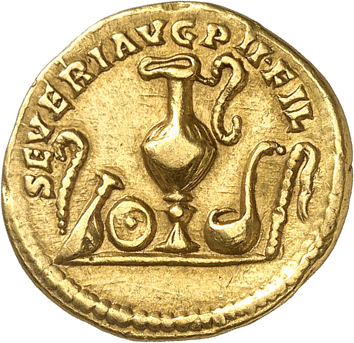 RIC IV Caracalla 3 Caracalla reverse, Lituus, axe, patera, jug, simpulum, and sprinkler