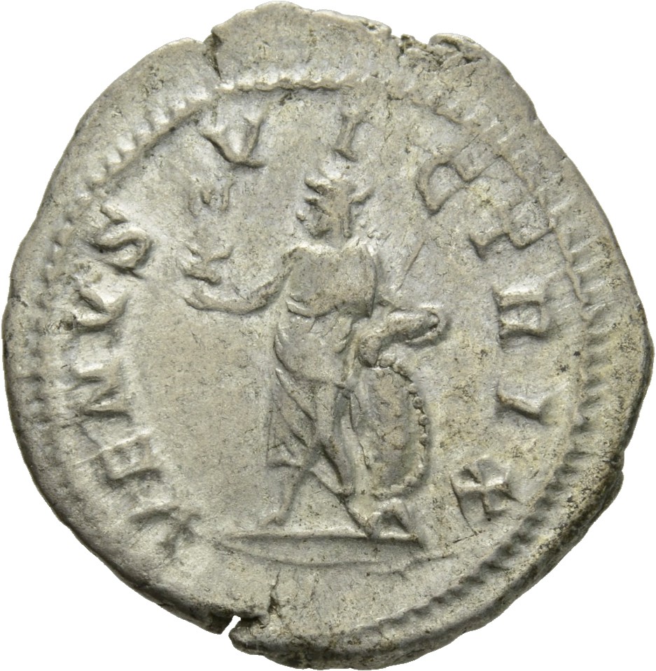 RIC IV Caracalla 311B Caracalla reverse, Venus, draped, standing left, holding Victory in extended right hand and spear in...