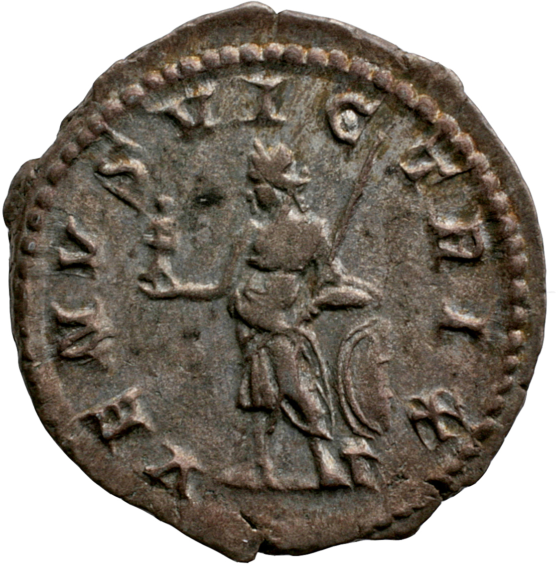 RIC IV Caracalla 311D Caracalla reverse, Venus, draped, standing left, holding Victory in extended right hand and spear in...