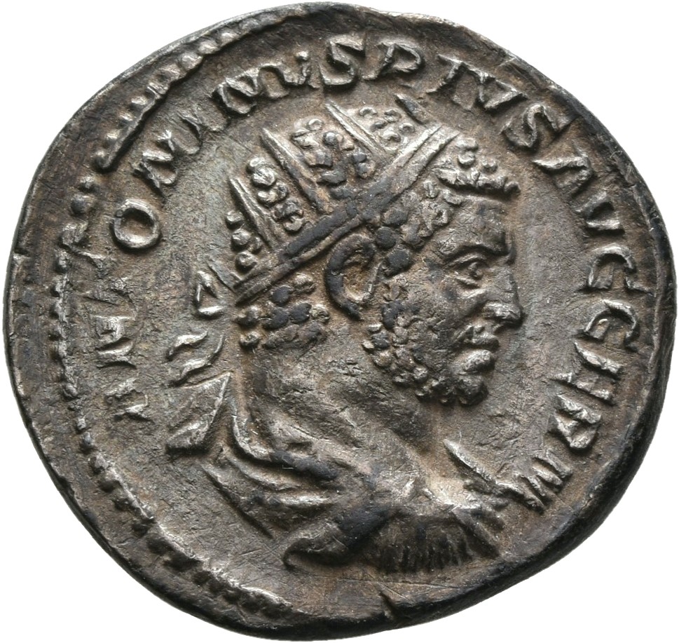 RIC IV Caracalla 311D Caracalla obverse — Bust of Caracalla, radiate, draped, right