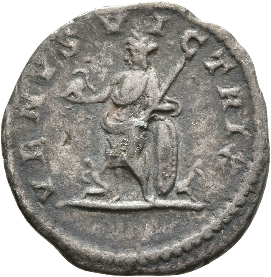 RIC IV Caracalla 312C Caracalla reverse, Venus, draped, standing left, holding helmet in right hand and sceptre in left ha...