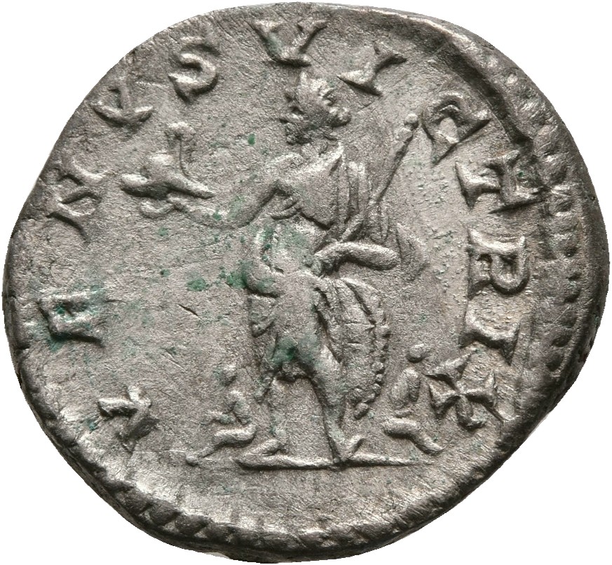 RIC IV Caracalla 312D Caracalla reverse, Venus, draped, standing left, holding helmet in right hand and sceptre in left ha...