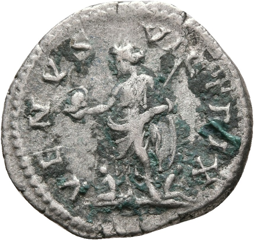 RIC IV Caracalla 312D Caracalla reverse, Venus, draped, standing left, holding helmet in right hand and sceptre in left ha...