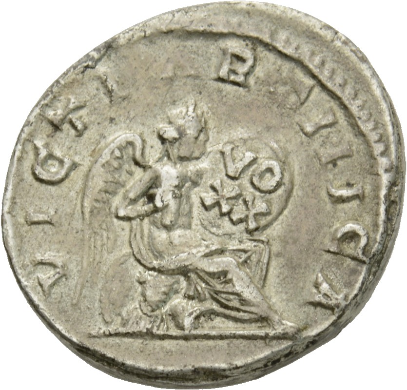 RIC IV Caracalla 314A Caracalla reverse, Victory, winged, draped, seated right on cuirass, holding shield inscribed VO XX;...