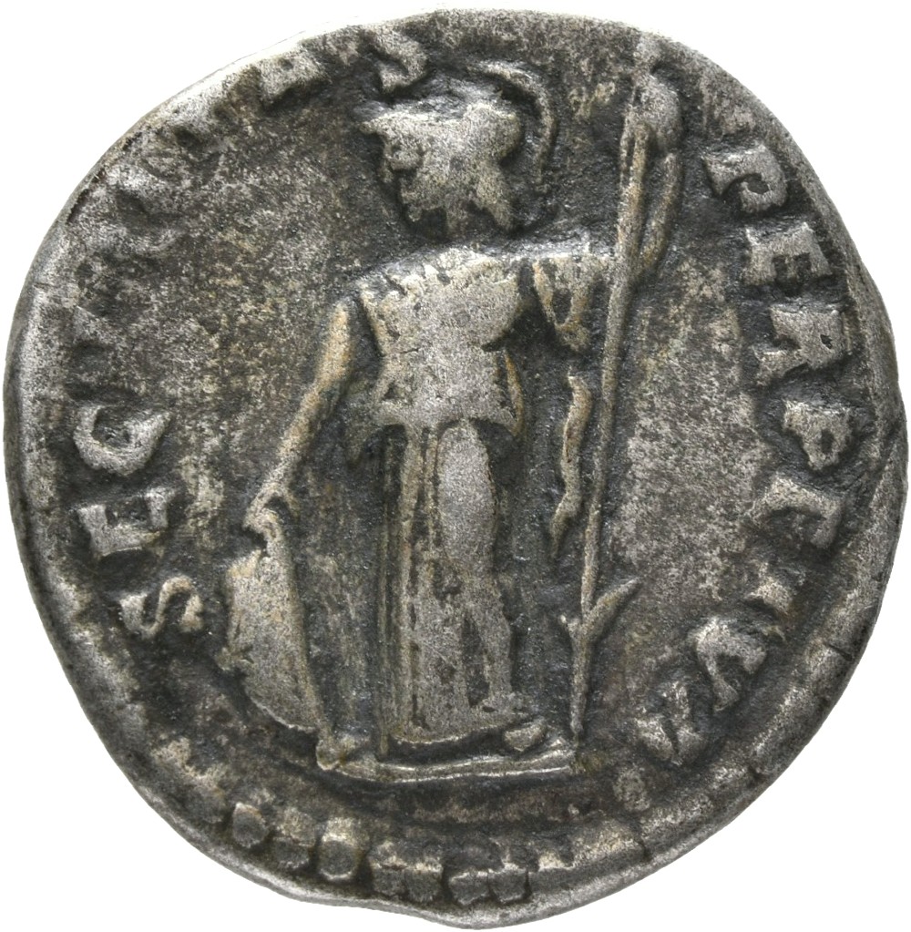 RIC IV Caracalla 330 Caracalla reverse, Minerva, helmeted, draped with aegis on breast, standing left, resting right hand ...