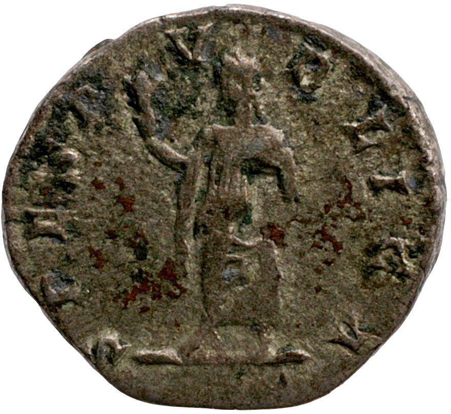 RIC IV Caracalla 330B Caracalla reverse, Spes, draped, advancing left, holding flower upright in extended right hand and r...