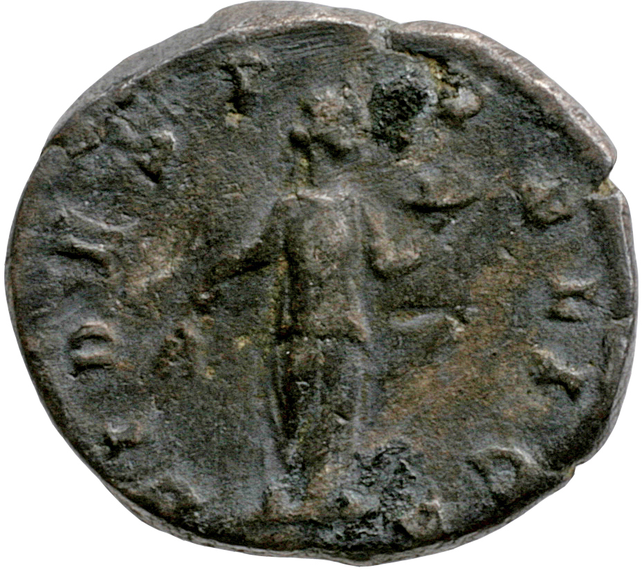 RIC IV Caracalla 334 Caracalla reverse, Fides, draped, standing right, holding corn-ears in right hand and basket of fruit...