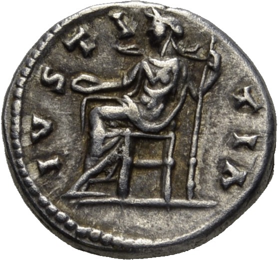 RIC IV Caracalla 335 Caracalla reverse, Justitia, draped, seated left, holding patera in right hand and sceptre in left hand