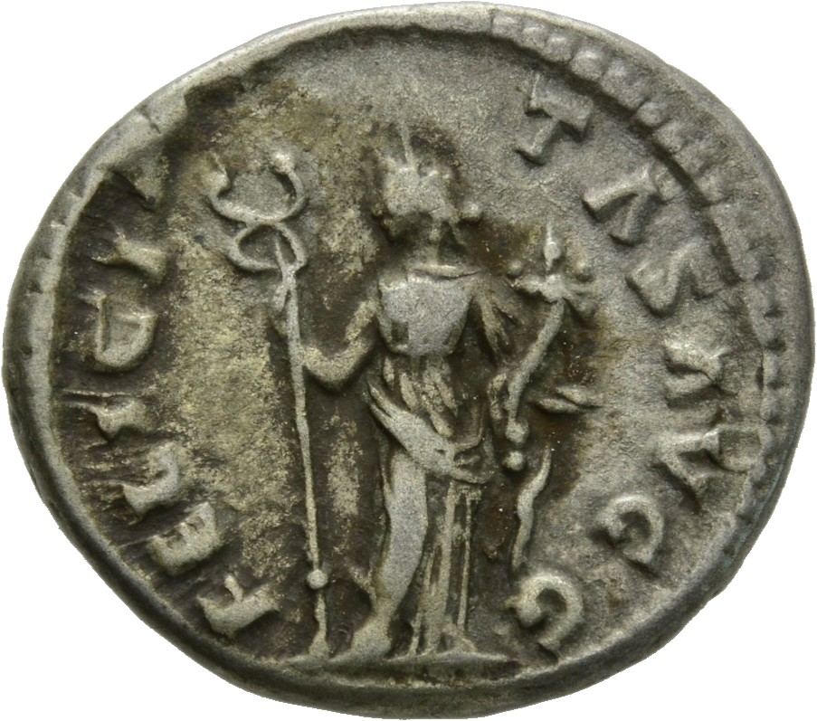 RIC IV Caracalla 339b Caracalla reverse, Felicitas, draped, standing left, holding long caduceus in right hand and cornuco...
