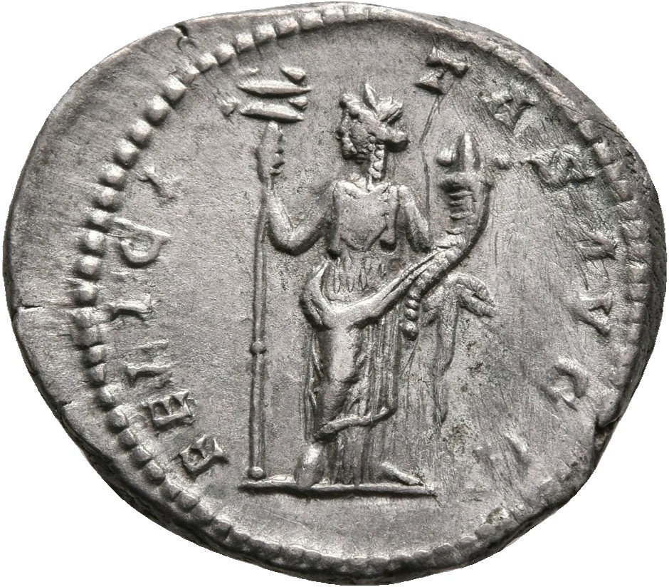 RIC IV Caracalla 35 Caracalla reverse, Felicitas, draped, standing left, holding long caduceus in right hand and cornucopi...