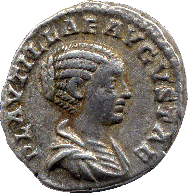 RIC IV Caracalla 359 (denarius) Caracalla obverse, Bust of Plautilla, hair coiled in ridges, fastened in bun at back, drap...