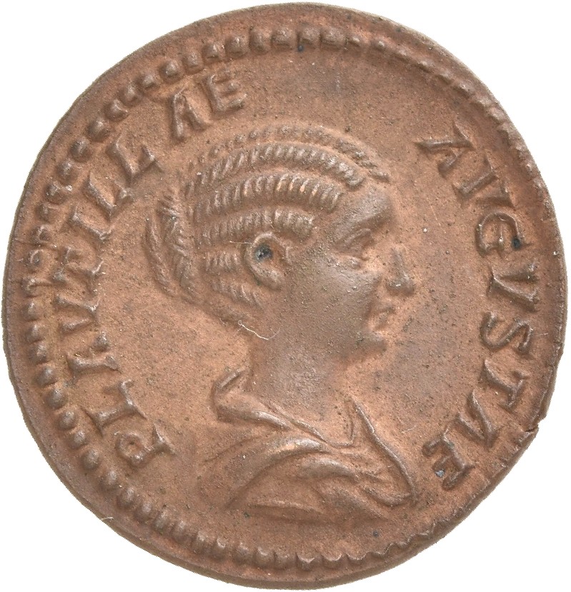 RIC IV Caracalla 361 (denarius) Caracalla obverse, Bust of Plautilla, hair coiled in ridges, fastened in bun at back, drap...