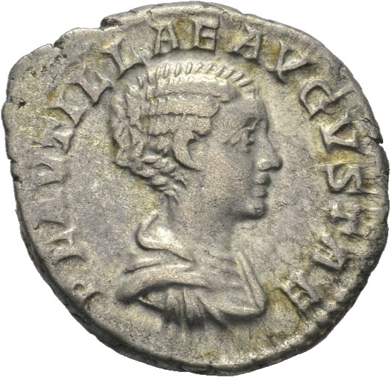 RIC IV Caracalla 361 (denarius) Caracalla obverse, Bust of Plautilla, hair coiled in ridges, fastened in bun at back, drap...