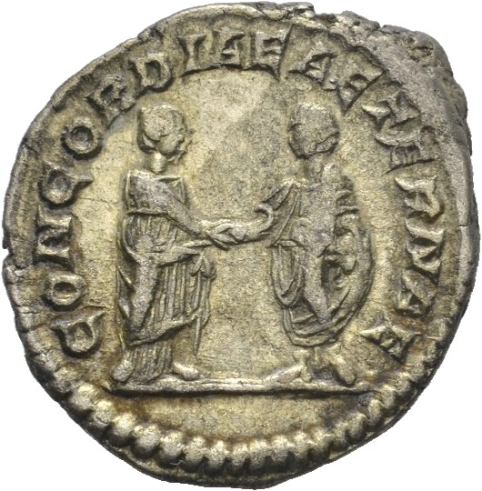 RIC IV Caracalla 361 (denarius) Caracalla reverse, Caracalla, togate, standing left, clasping right hands with Plautilla, ...