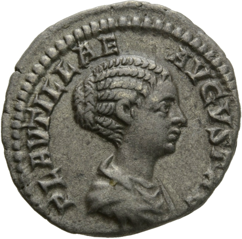 RIC IV Caracalla 362 (denarius) Caracalla obverse, Bust of Plautilla, hair coiled in ridges, fastened in bun at back, drap...
