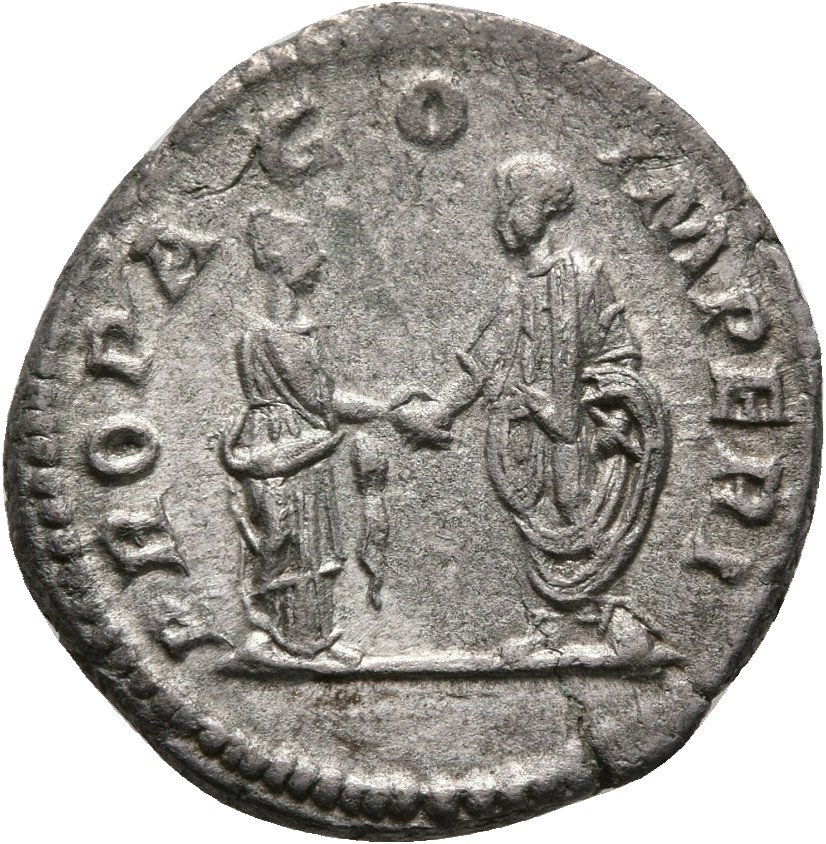 RIC IV Caracalla 362 (denarius) Caracalla reverse, Caracalla, togate, standing left, clasping right hands with Plautilla, ...