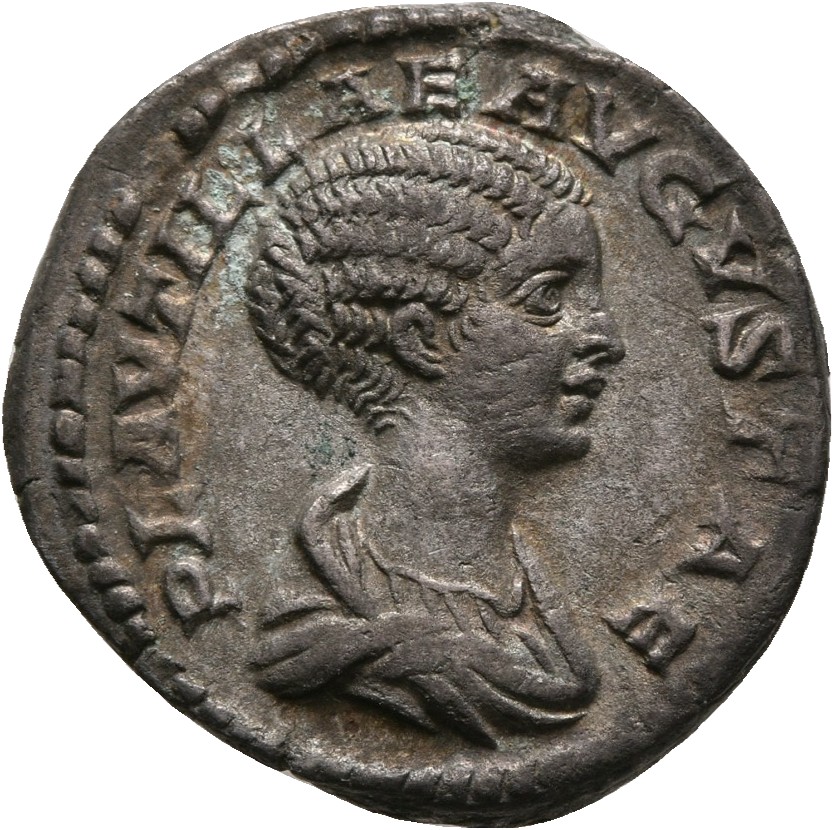 RIC IV Caracalla 362 (denarius) Caracalla obverse, Bust of Plautilla, hair coiled in ridges, fastened in bun at back, drap...