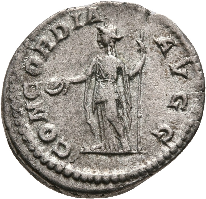 RIC IV Caracalla 363A Caracalla reverse, Concordia, draped, standing left, holding patera in extended right hand and scept...