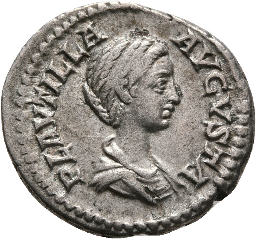 RIC IV Caracalla 363A Caracalla obverse, Bust of Plautilla, hair coiled in ridges, fastened in bun at back, draped, right