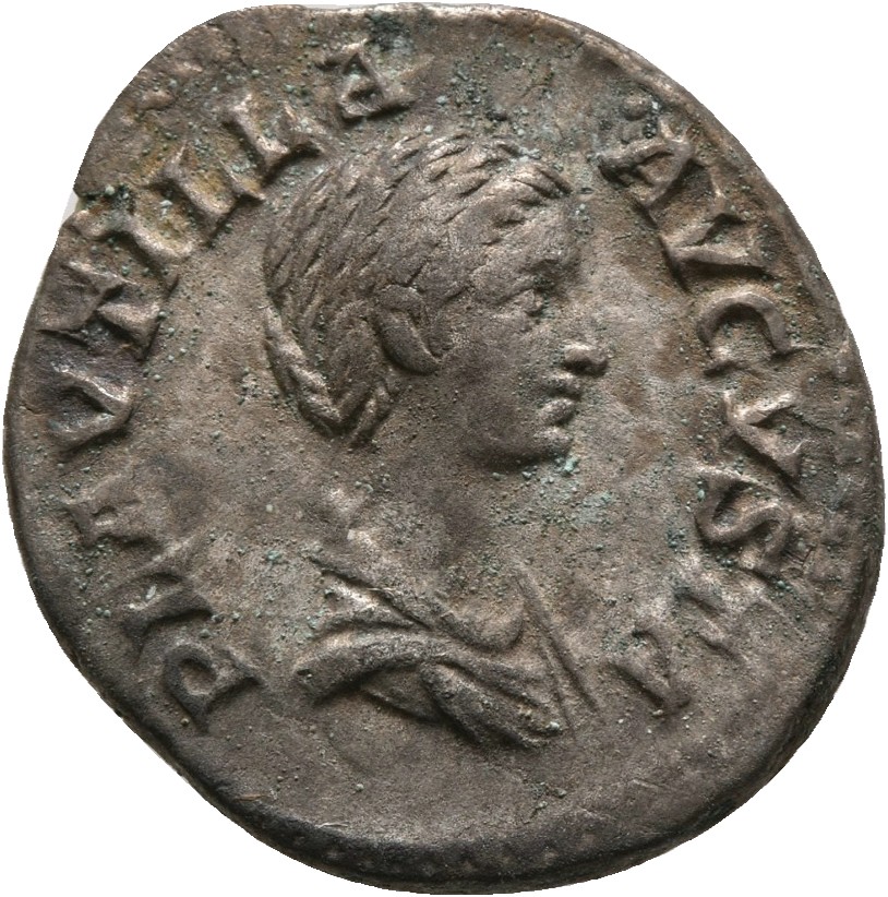 RIC IV Caracalla 363A Caracalla obverse, Bust of Plautilla, hair coiled in ridges, fastened in bun at back, draped, right