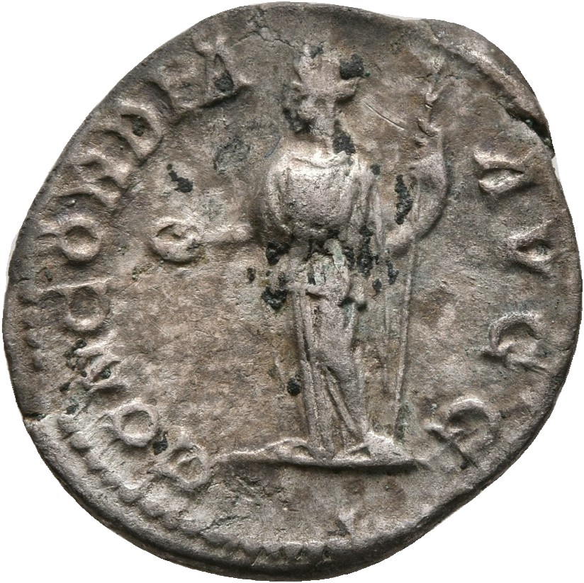 RIC IV Caracalla 363A Caracalla reverse, Concordia, draped, standing left, holding patera in extended right hand and scept...