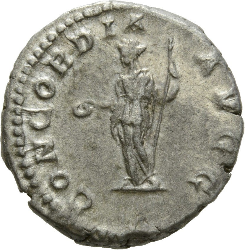 RIC IV Caracalla 363B Caracalla reverse, Concordia, draped, standing left, holding patera in extended right hand and scept...