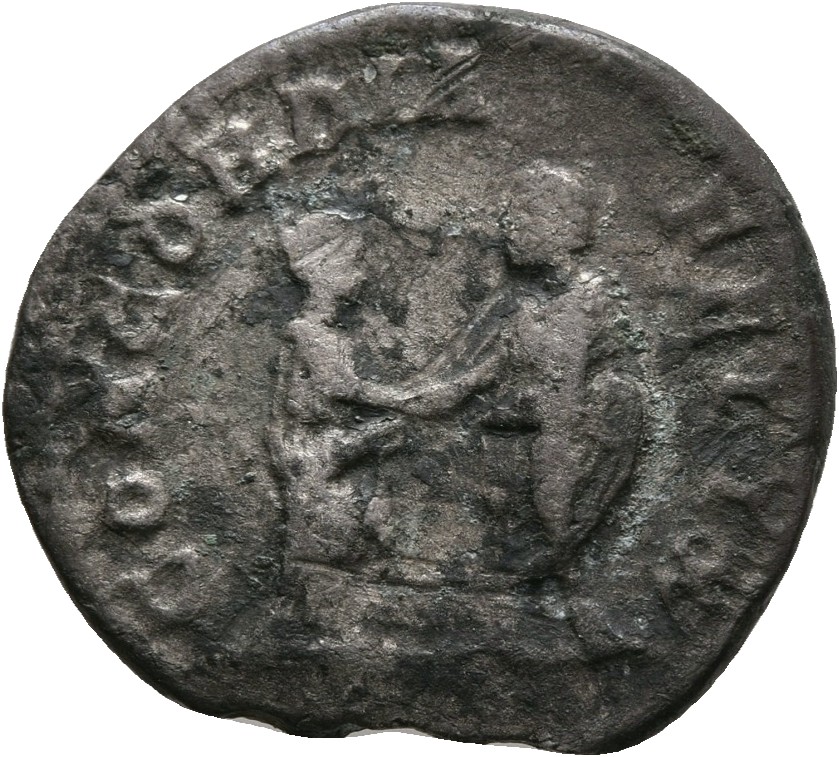 RIC IV Caracalla 365A Caracalla reverse, Caracalla, togate, standing left, clasping right hands with Plautilla, draped, st...
