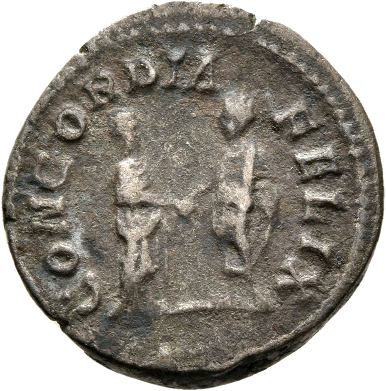 RIC IV Caracalla 365A Caracalla reverse, Caracalla, togate, standing left, clasping right hands with Plautilla, draped, st...