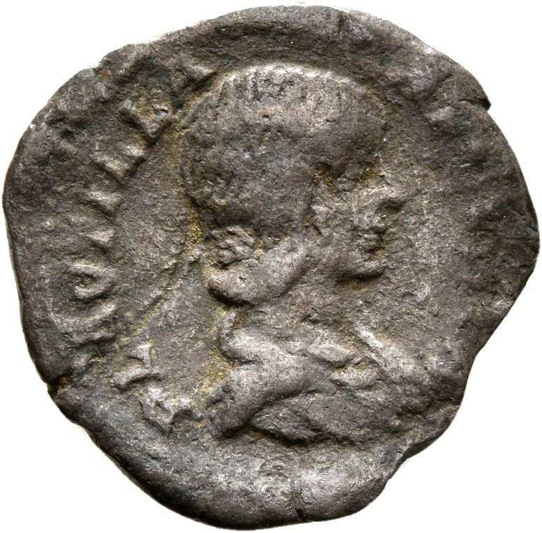 RIC IV Caracalla 366 (denarius) Caracalla obverse, Bust of Plautilla, hair firmly waved and drawn down on neck, draped, right