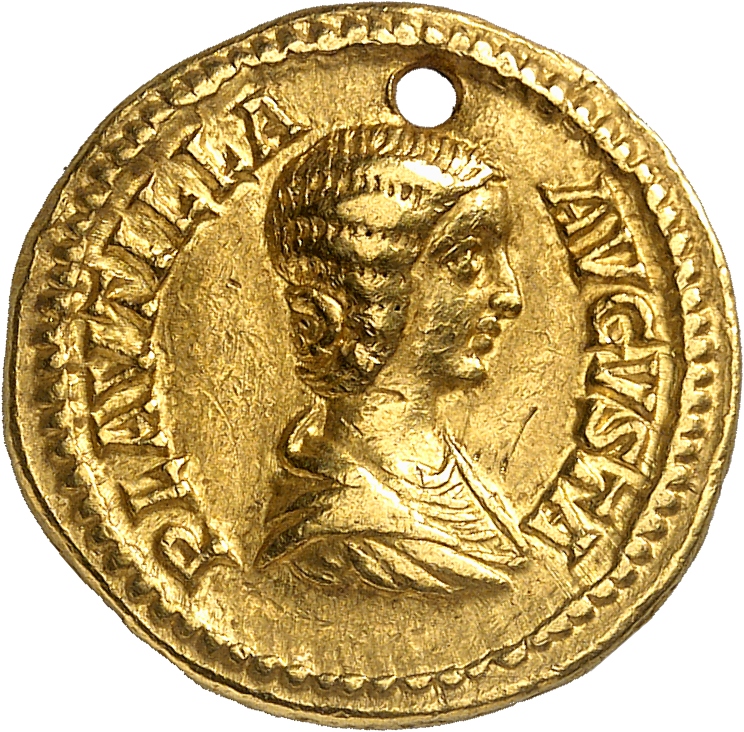 RIC IV Caracalla 367 (aureus) Caracalla obverse, Bust of Plautilla, hair firmly waved and drawn down on neck, draped, right
