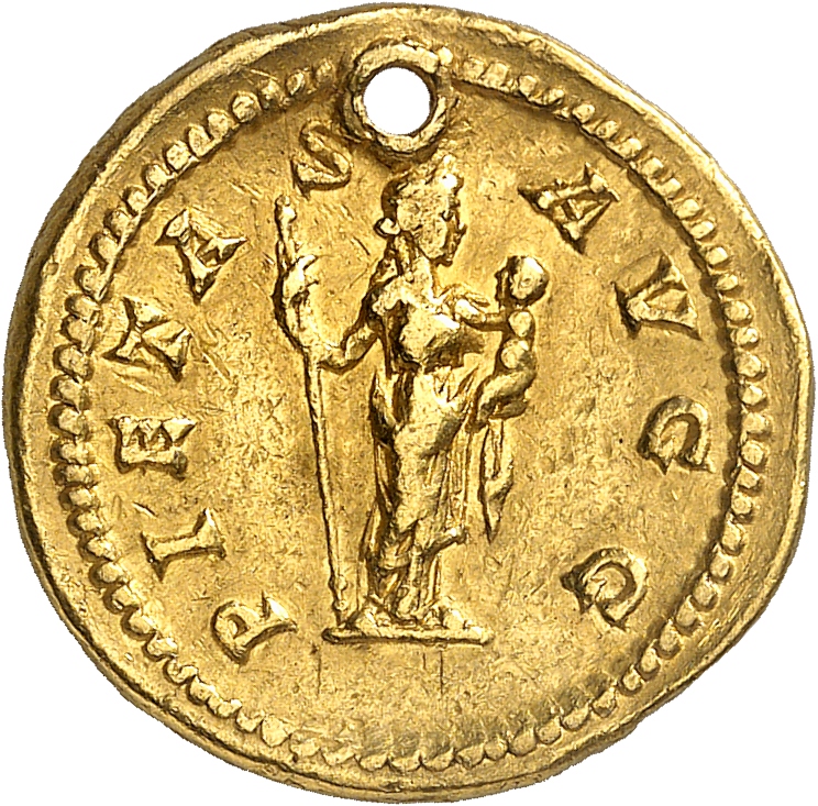 RIC IV Caracalla 367 (aureus) Caracalla reverse, Pietas, draped, standing right, holding sceptre in right hand and child i...