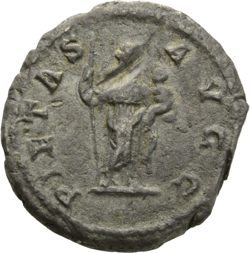 RIC IV Caracalla 367 (denarius) Caracalla reverse, Pietas, draped, standing right, holding sceptre in right hand and child...